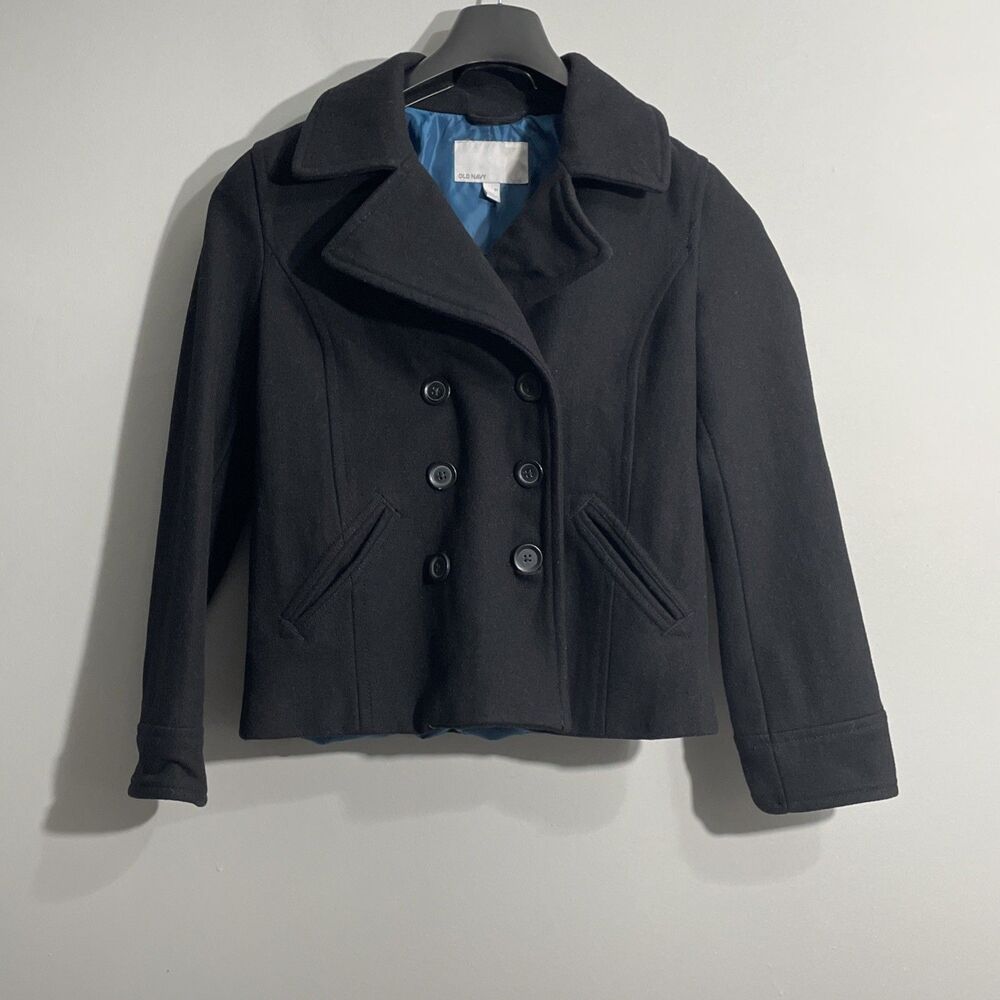 Old Navy M Women’s Black Wool Blend Coat Classic Double-Breasted Comfort